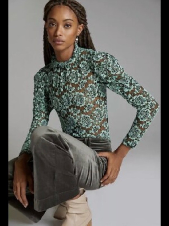 Anthropologie Tops - Anthropologie Dolan Lace Blouse XS Green Sheer Floral Ruffle Neck Romantic Top